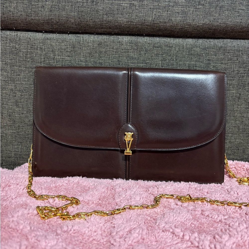 Celine Vintage Brown Leather Clutch with Gold Chain